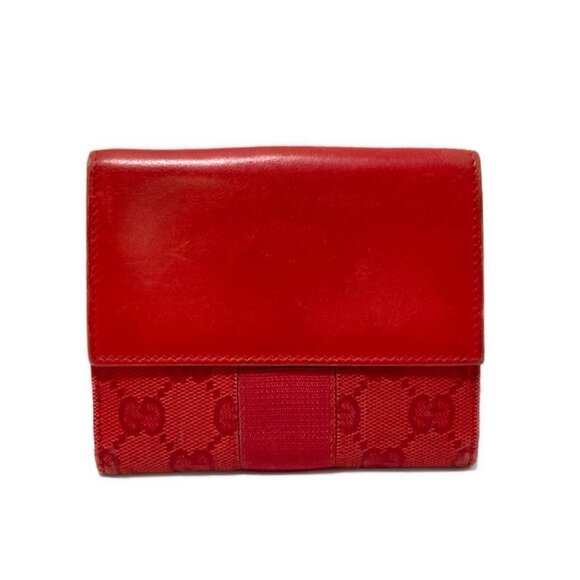 Auth GUCCI GG - Red Leather Jacquard Double-hook Wallet - Picture 1 of 10
